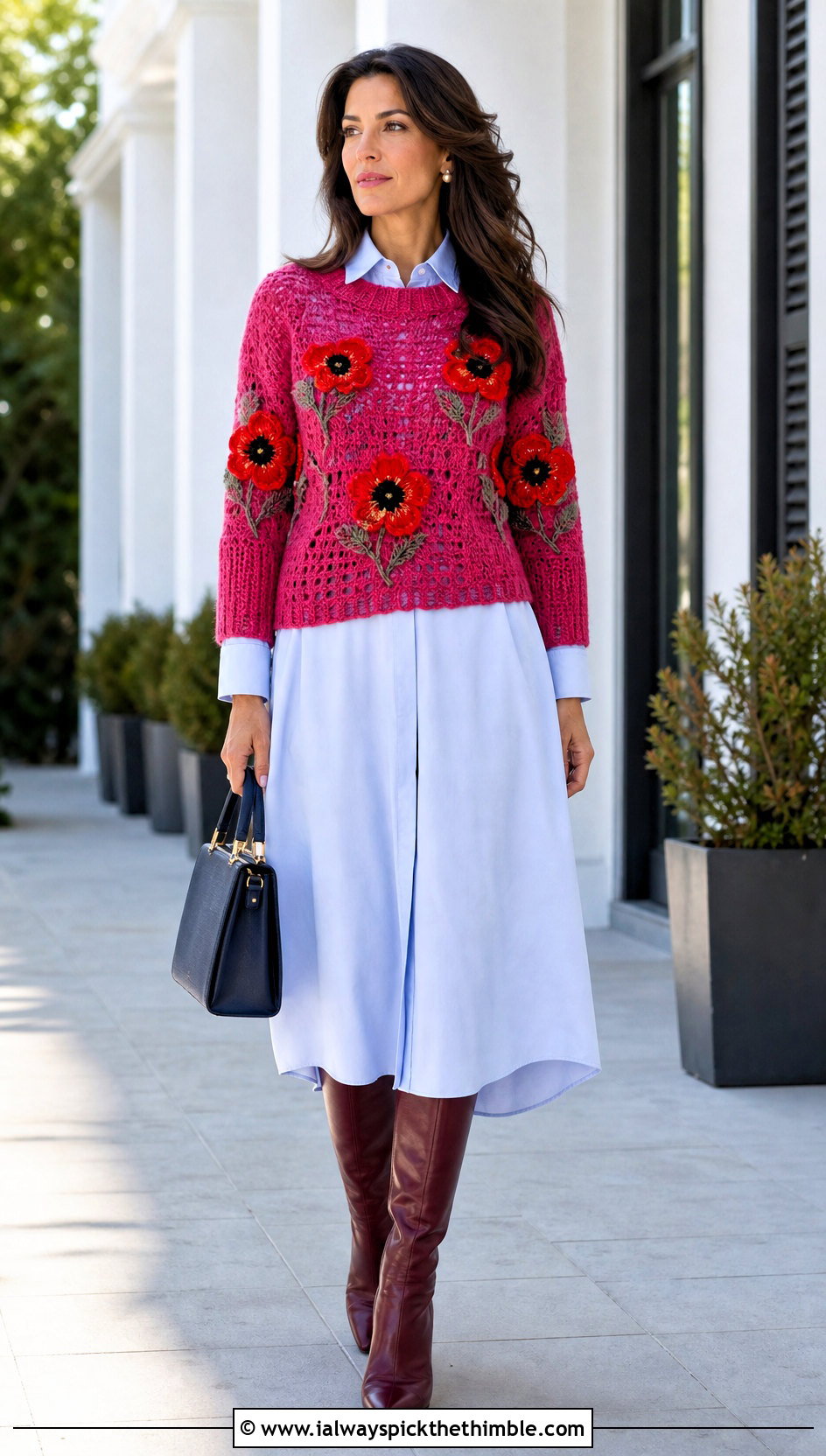 Poppy Flower Crochet Sweater With Shirt Dress - 20 flower crochet sweater outfit ideas