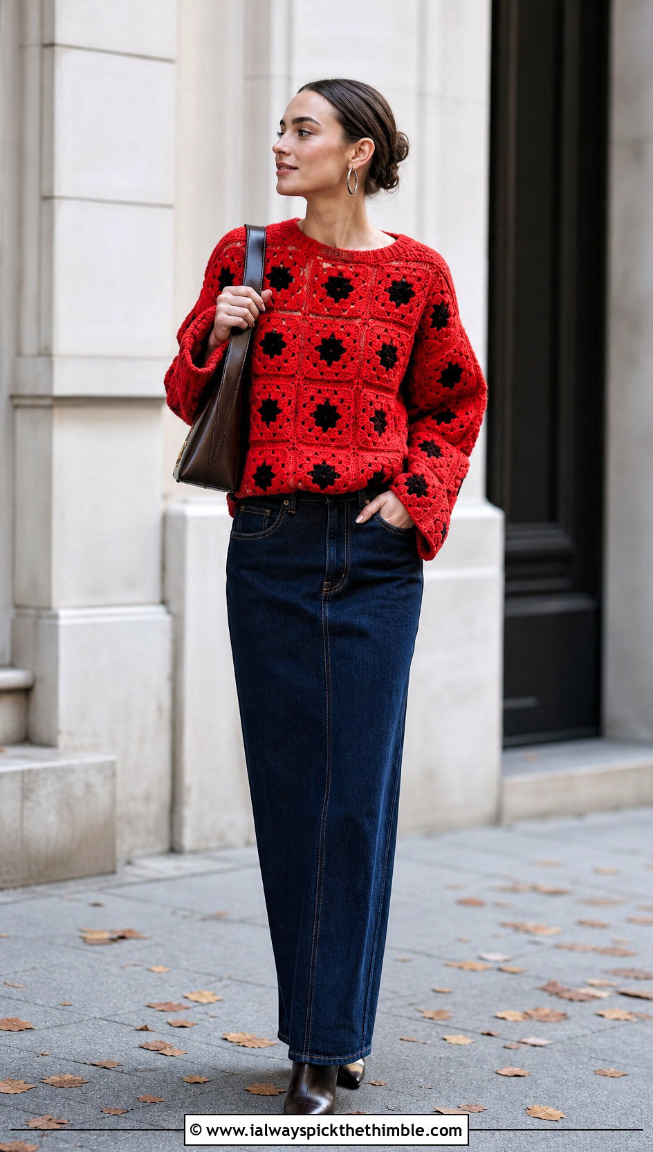Poppy Flower Granny Square Sweater With Denim Maxi Skirt - 20 flower granny square sweater outfit ideas