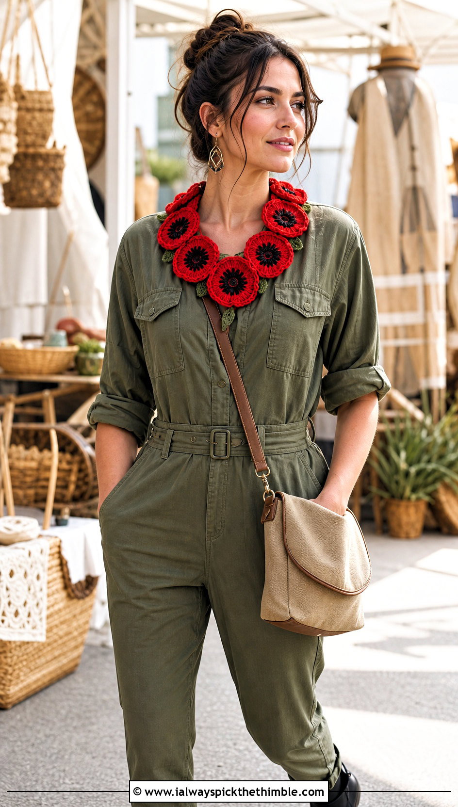 Poppy Medallion Collar With Utility Jumpsuit - 15 handmade floral crochet collar outfit ideas