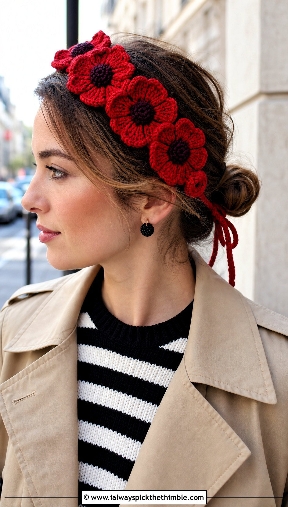 Poppy Tie Back Crochet Headband With Trench Coat - 25 flower crochet headband outfit ideas