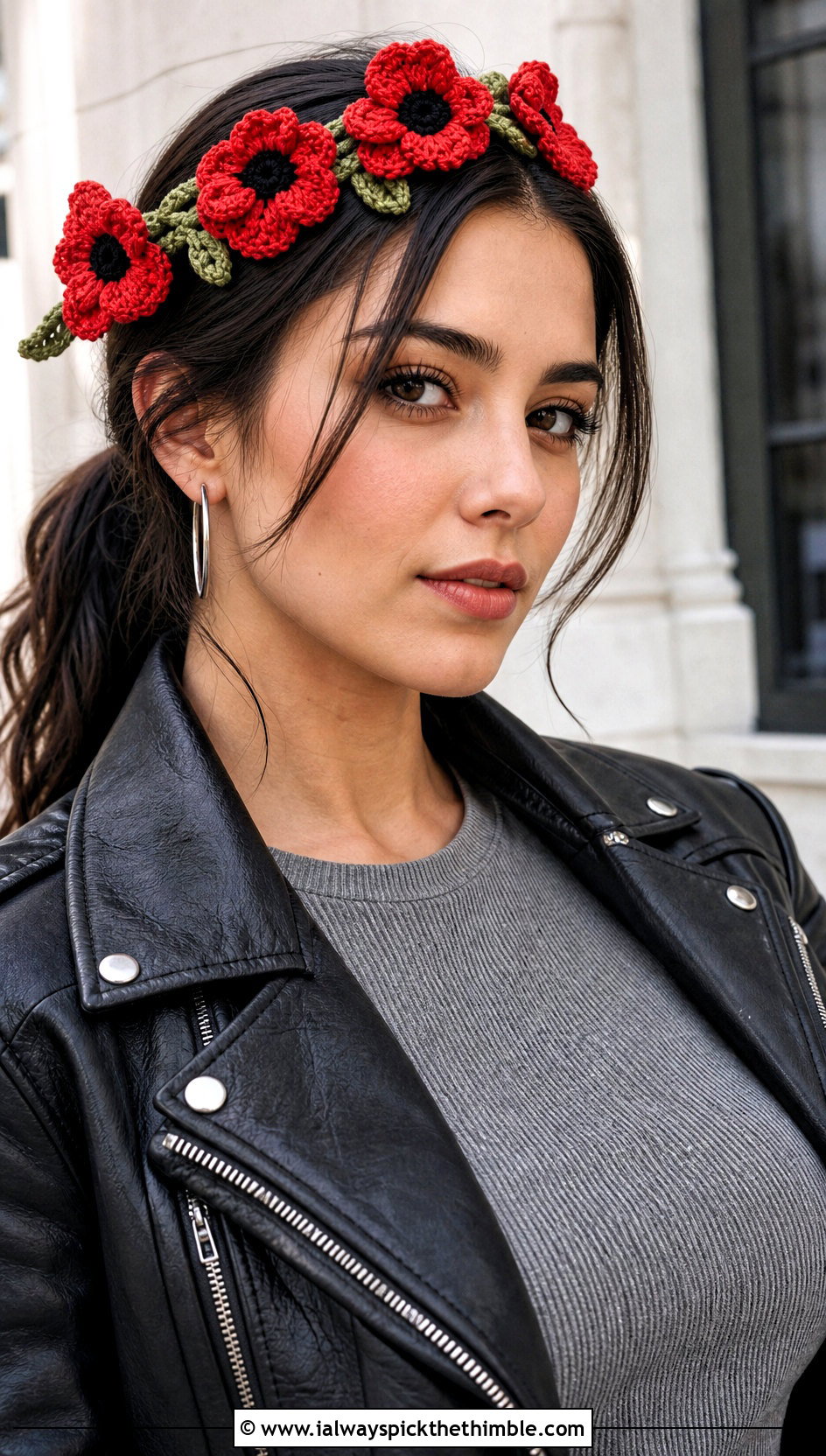 Poppy Vine Crochet Flower Headband With Leather Jacket - 15 crochet lovely flower headband outfit ideas