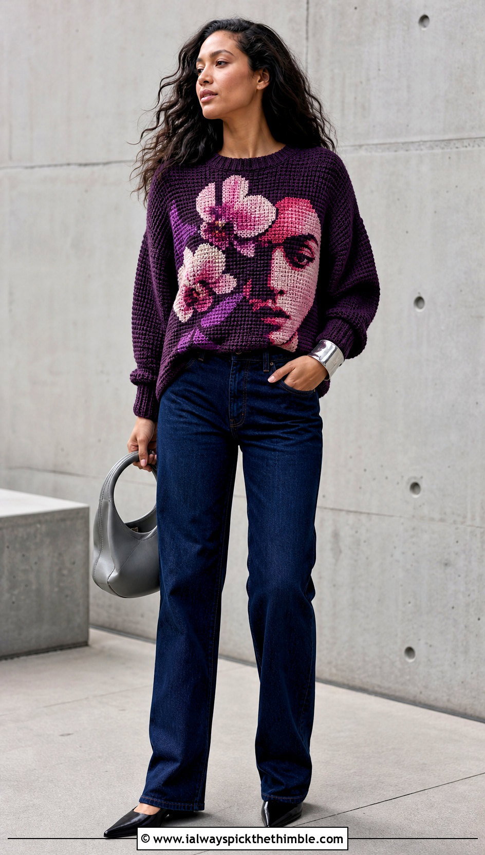 Portrait Crochet Graph Sweater With Straight Leg Jeans - 20 crochet graph sweater outfit ideas