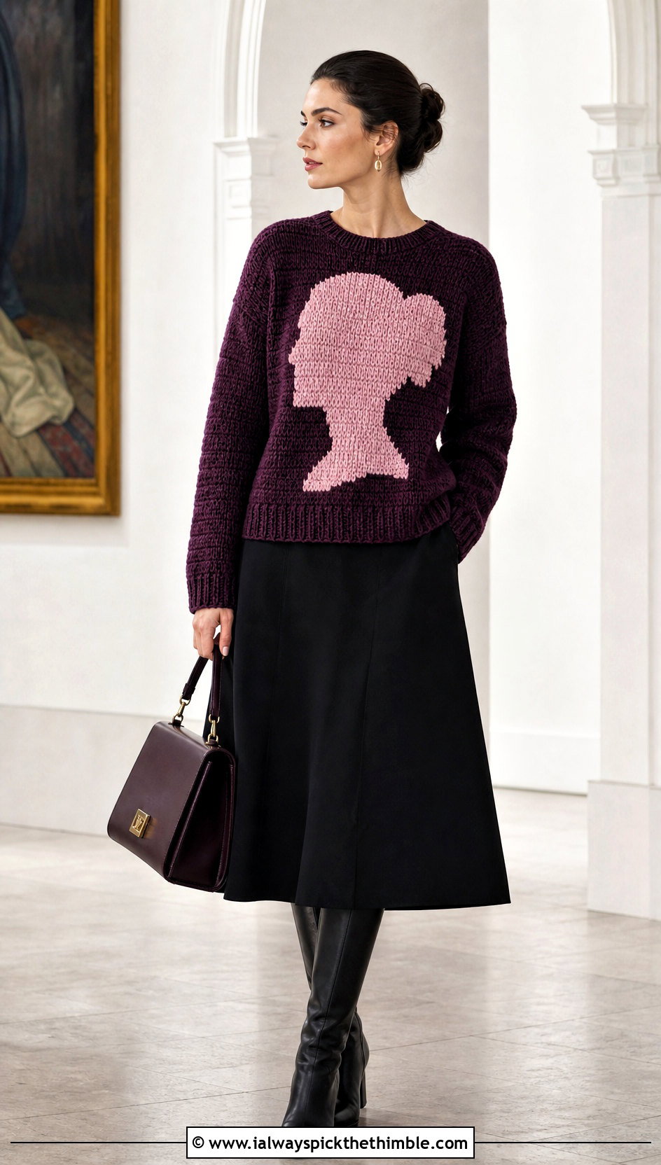 Portrait Crochet Graphic Sweater With A Line Skirt - 20 crochet graphic sweater outfit ideas