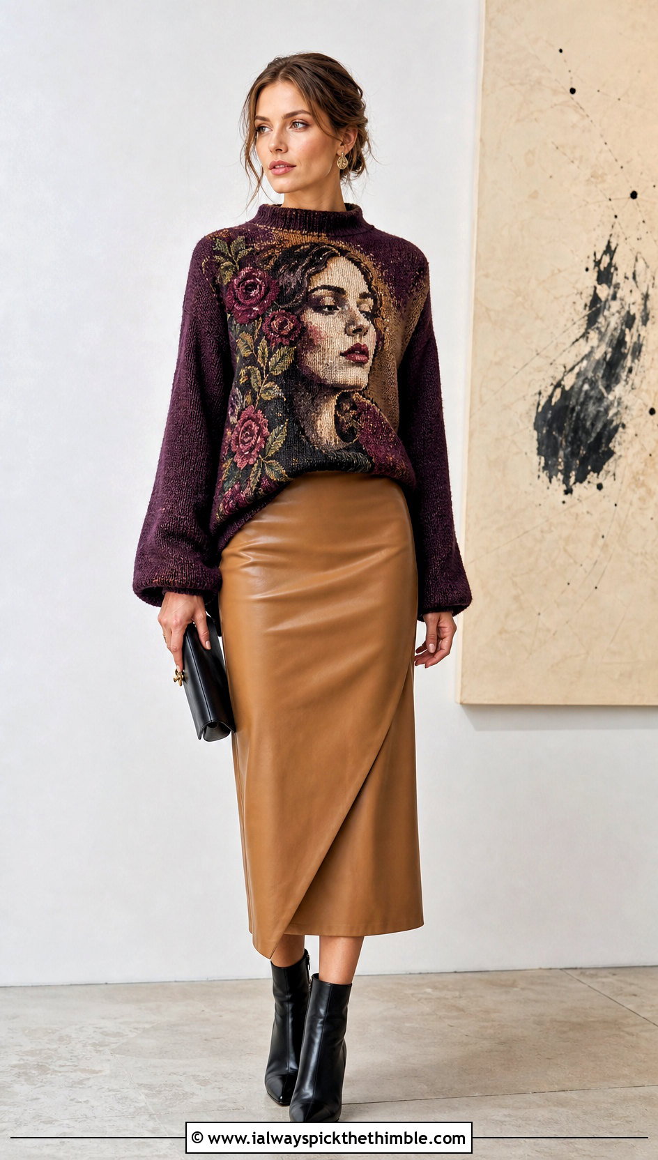 Portrait Tapestry Crochet Sweater With Leather Midi Skirt - 20 crochet tapestry clothes and outfit ideas