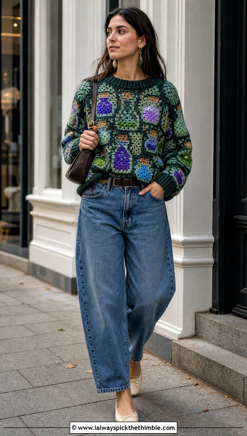 Potion Bottle Mosaic Crochet Halloween Sweater With Barrel Jeans - 25 Crochet Halloween Sweater outfit ideas