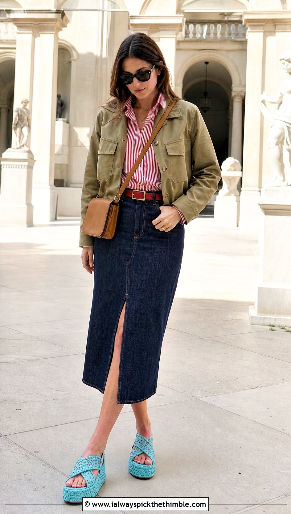 Prada Crochet Crisscross Sandals With Denim Midi Skirt - 20 prada crochet sandals outfit ideas