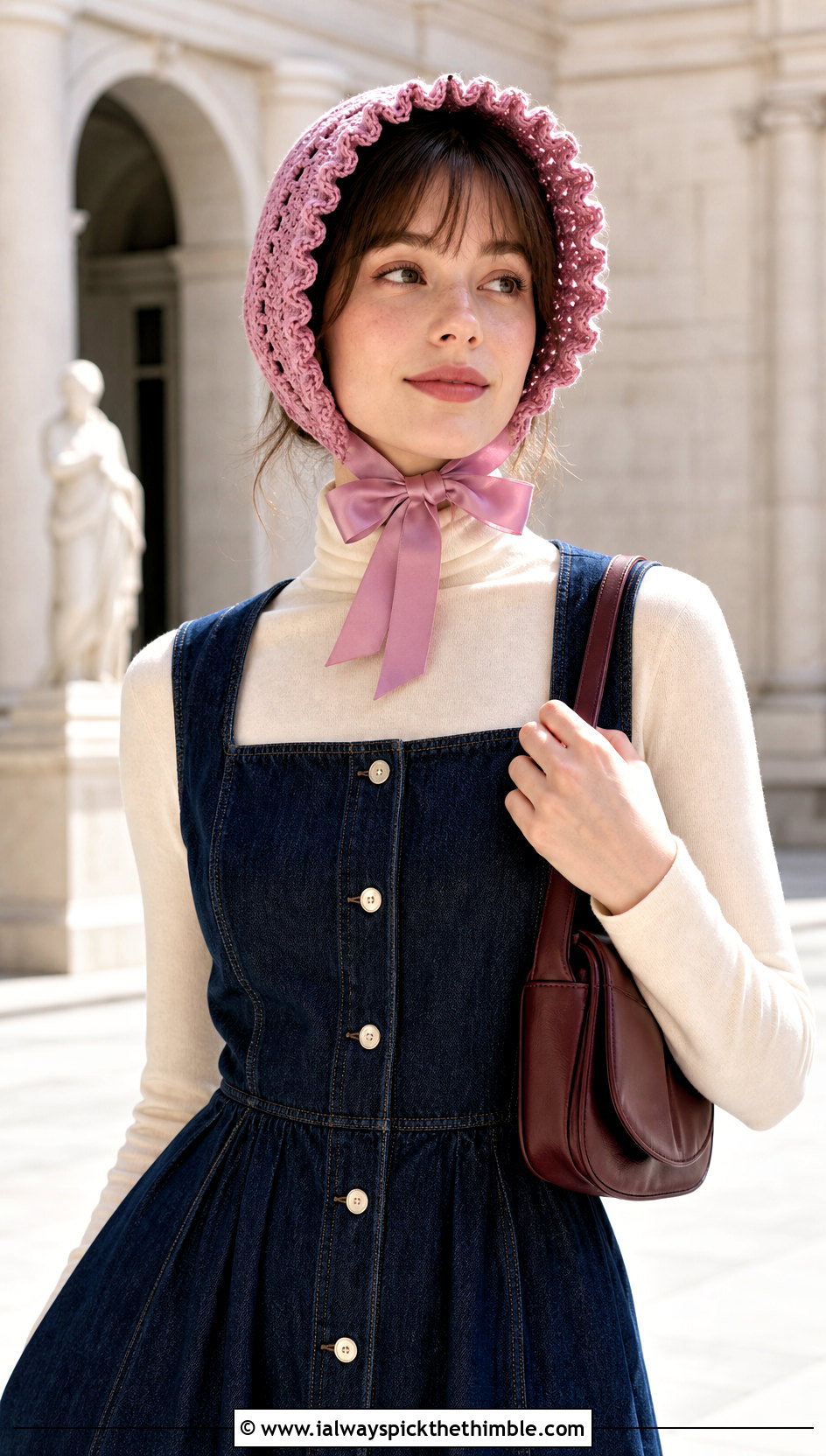 Prairie Ribbon Bonnet With Denim Midi Dress - 25 crochet bonnet outfit ideas