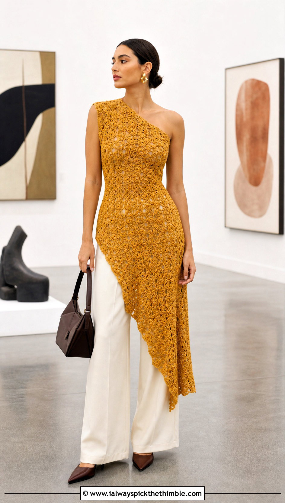 Primrose Stitch Asymmetrical Midi Dress Over Trousers - 15 primrose stitch summer crochet dress outfit ideas