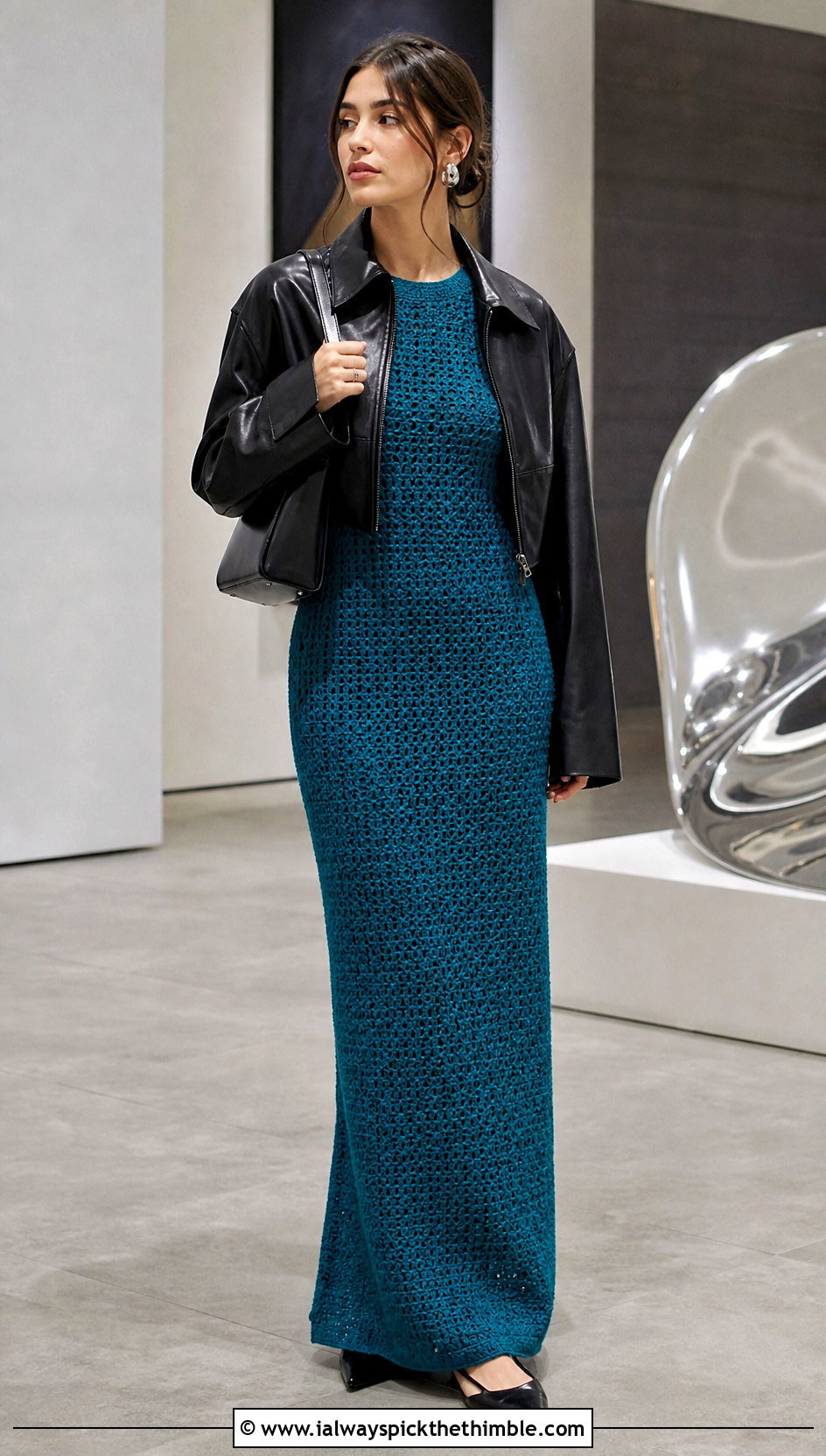 Primrose Stitch Column Maxi Dress With Leather Jacket - 15 primrose stitch summer crochet dress outfit ideas