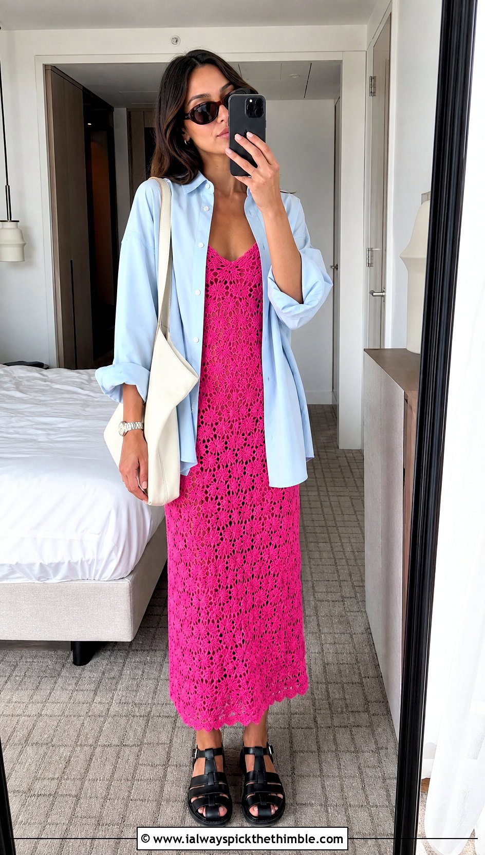 Primrose Stitch Slip Dress With Oversized Poplin Shirt - 15 primrose stitch summer crochet dress outfit ideas