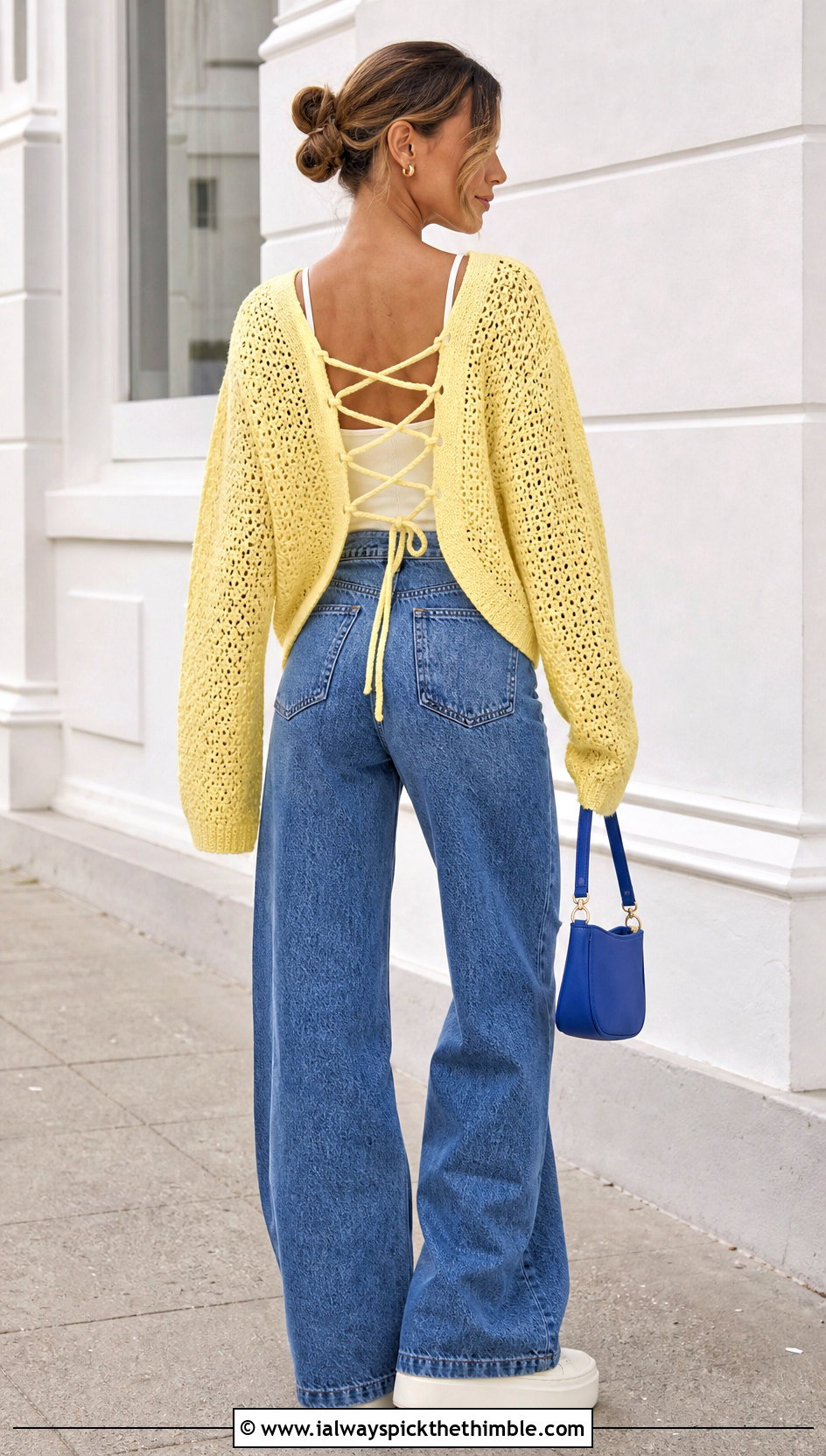 Primrose Yellow Lace Up Back Crochet Sweater With Wide Leg Jeans - 15 Yellow Lace Crochet Sweater outfit ideas