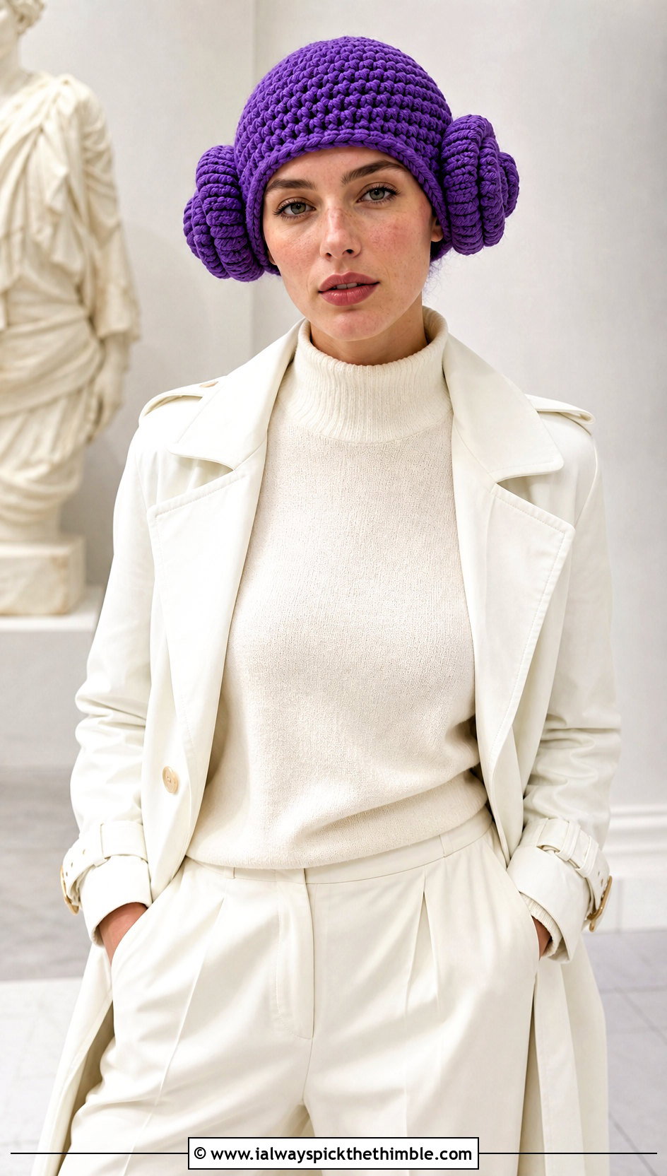 Princess Leia Bun Crochet Hat With White Trench Coat - 20 crochet star wars hat outfit ideas
