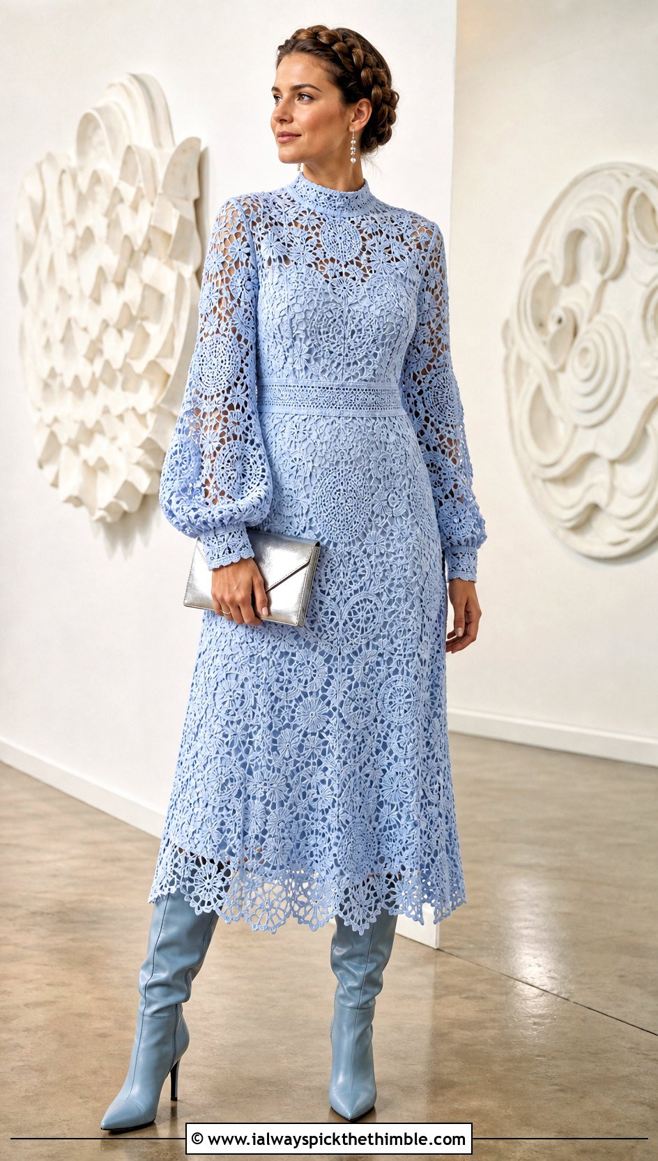Princess Leia Irish Lace Crochet Midi Dress With Boots - 20 Star Wars Crochet Clothes and outfit ideas