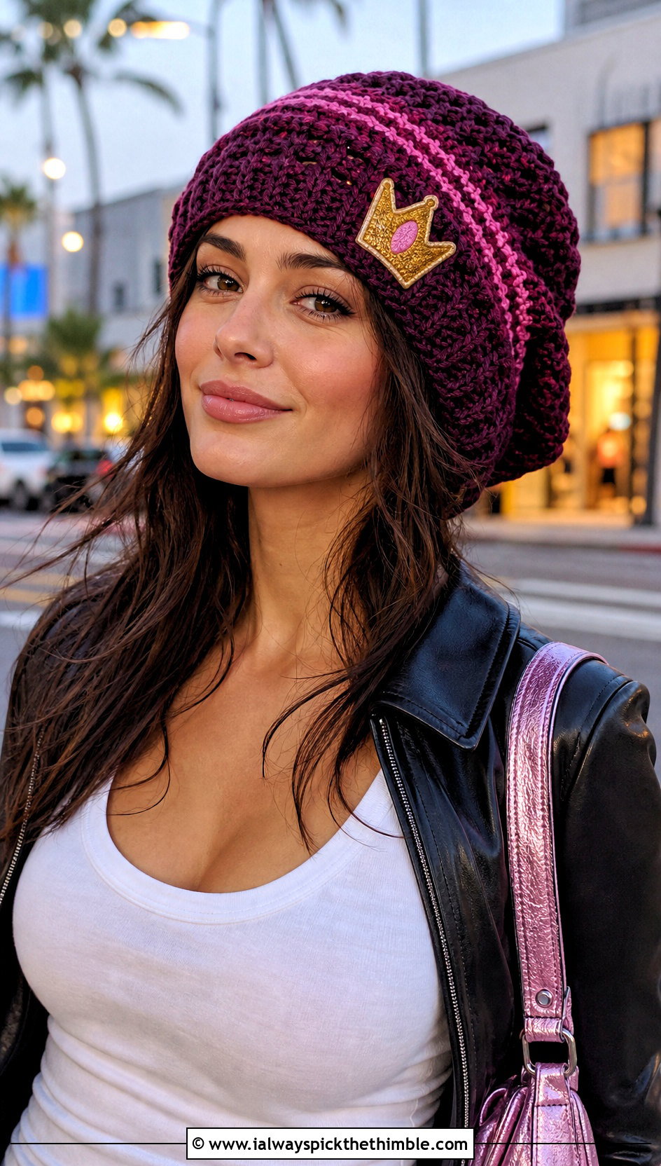 Princess Peach Crochet Slouchy Beanie With Leather Jacket - 20 Princess Peach Crochet Hat outfit ideas