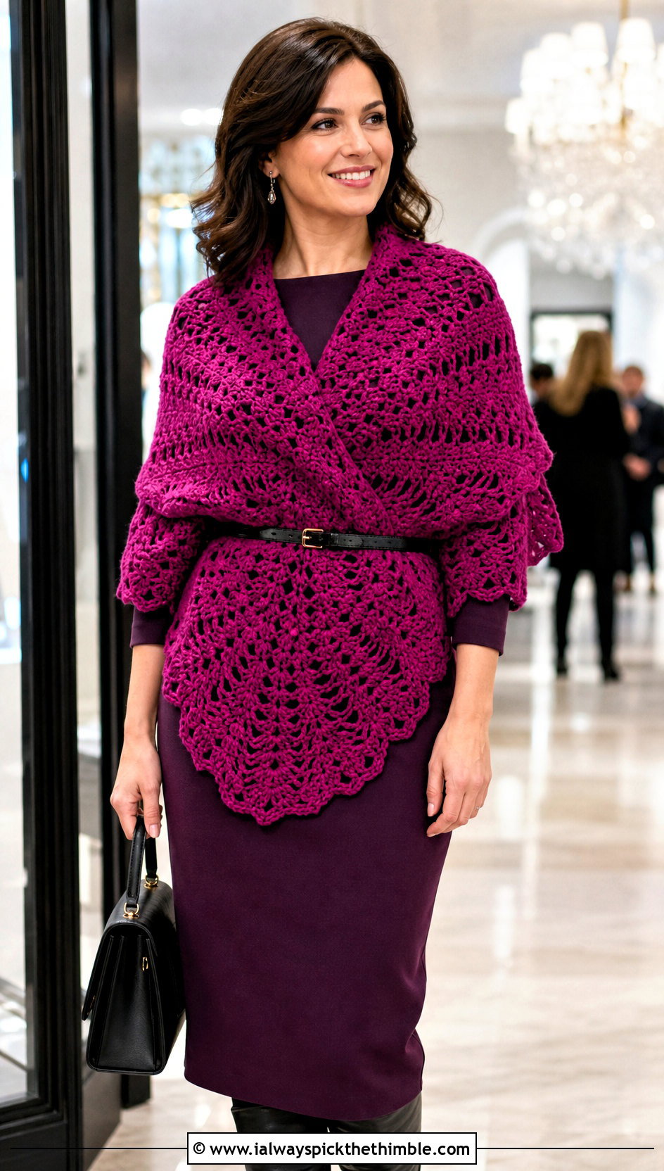 Priscilla Circular Crochet Shawl With Belted Dress - 15 kristin omdahl crochet shawl outfit ideas