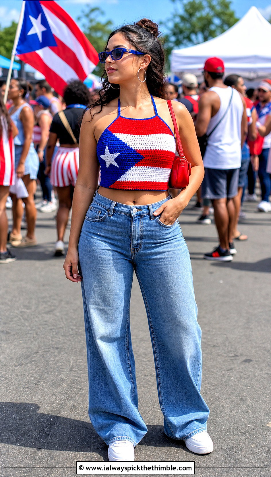 Puerto Rican Flag Halter Crop Top With Wide Leg Jeans - 20 Puerto Rican Flag Crochet Top outfit ideas