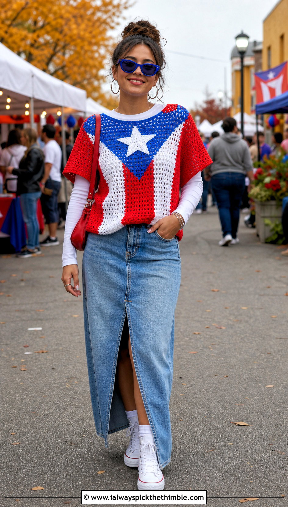 Puerto Rican Flag Oversized Crochet Tee With Denim Maxi Skirt - 20 Puerto Rican Flag Crochet Top outfit ideas