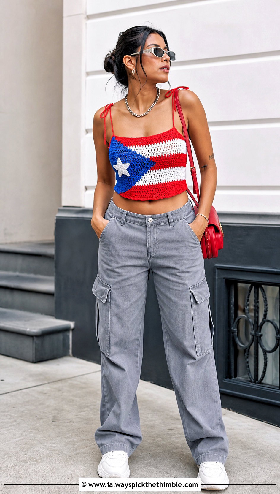 Puerto Rican Flag Tie Strap Crochet Cami With Cargo Pants - 20 Puerto Rican Flag Crochet Top outfit ideas