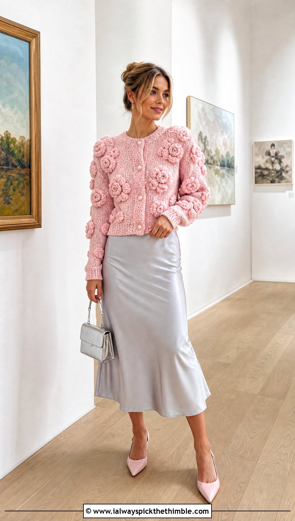 Puff Flower Applique Cardigan With Satin Slip Skirt - 25 crochet sweater with flowers outfit ideas