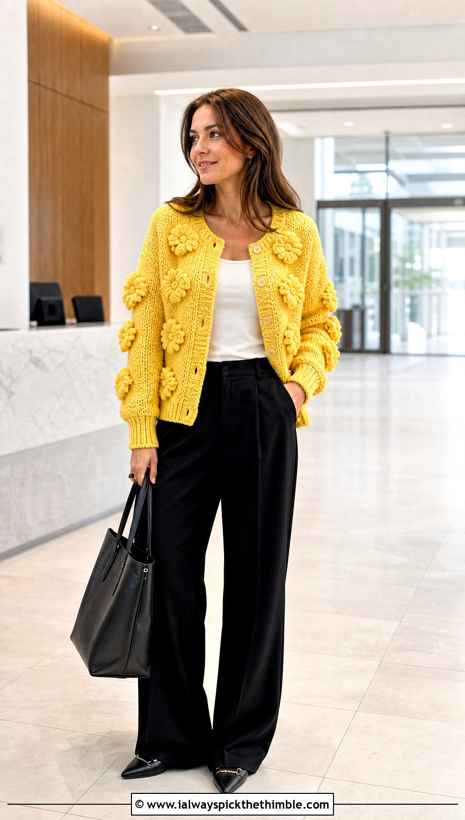 Puff Flower Applique Cardigan With Wide Leg Trousers - 20 crochet flower cardigan outfit ideas