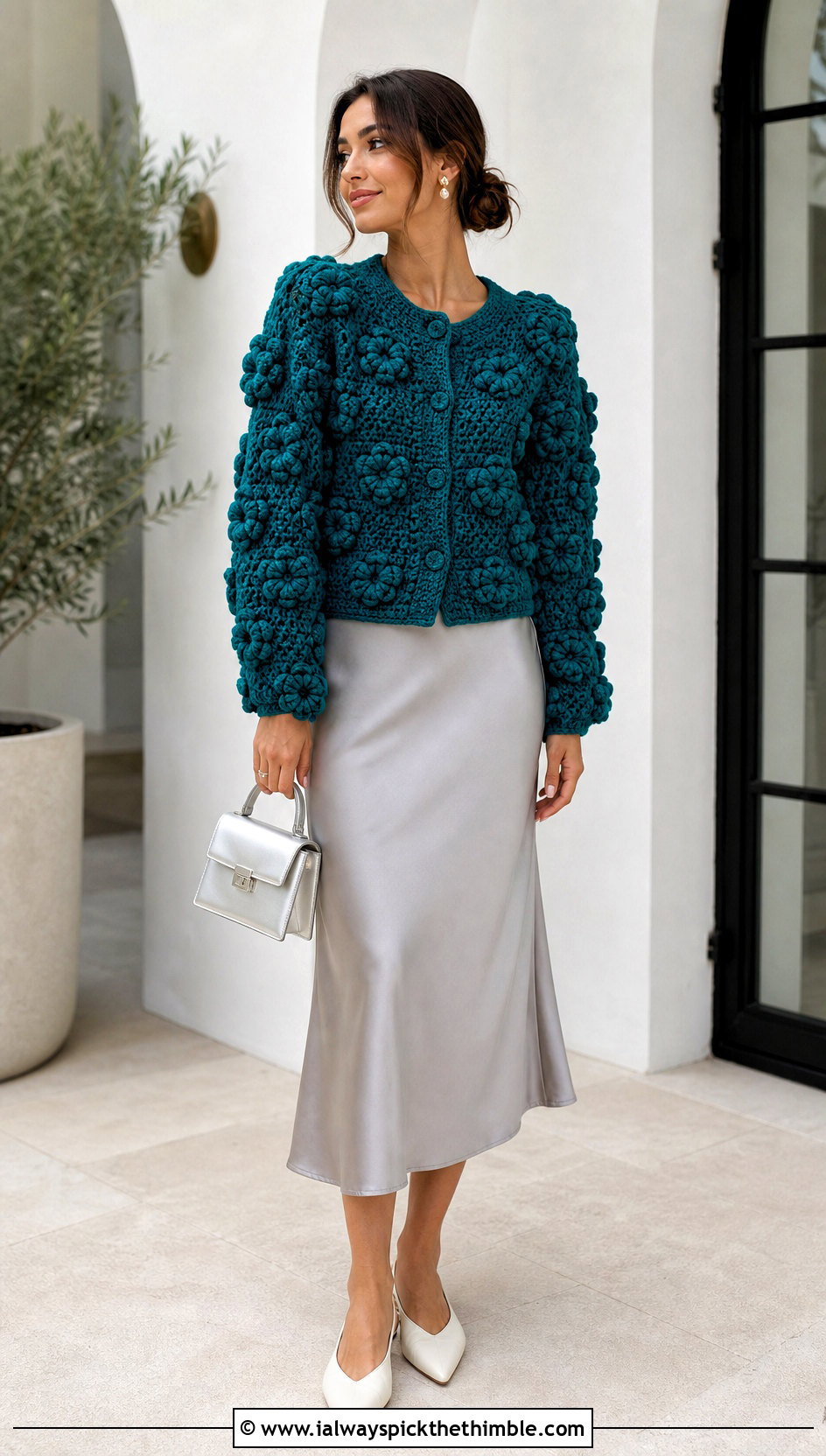Puff Flower Cardigan With Satin Midi Skirt - 20 crochet flowers on sweater outfit ideas