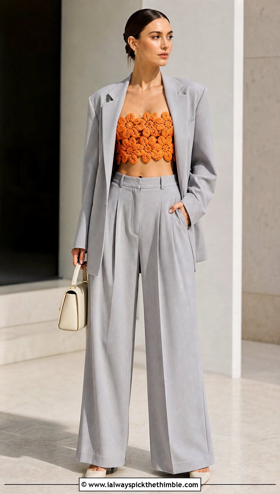 Puff Flower Crochet Bandeau Top With Oversized Suit - 20 puff flower crochet top outfit ideas