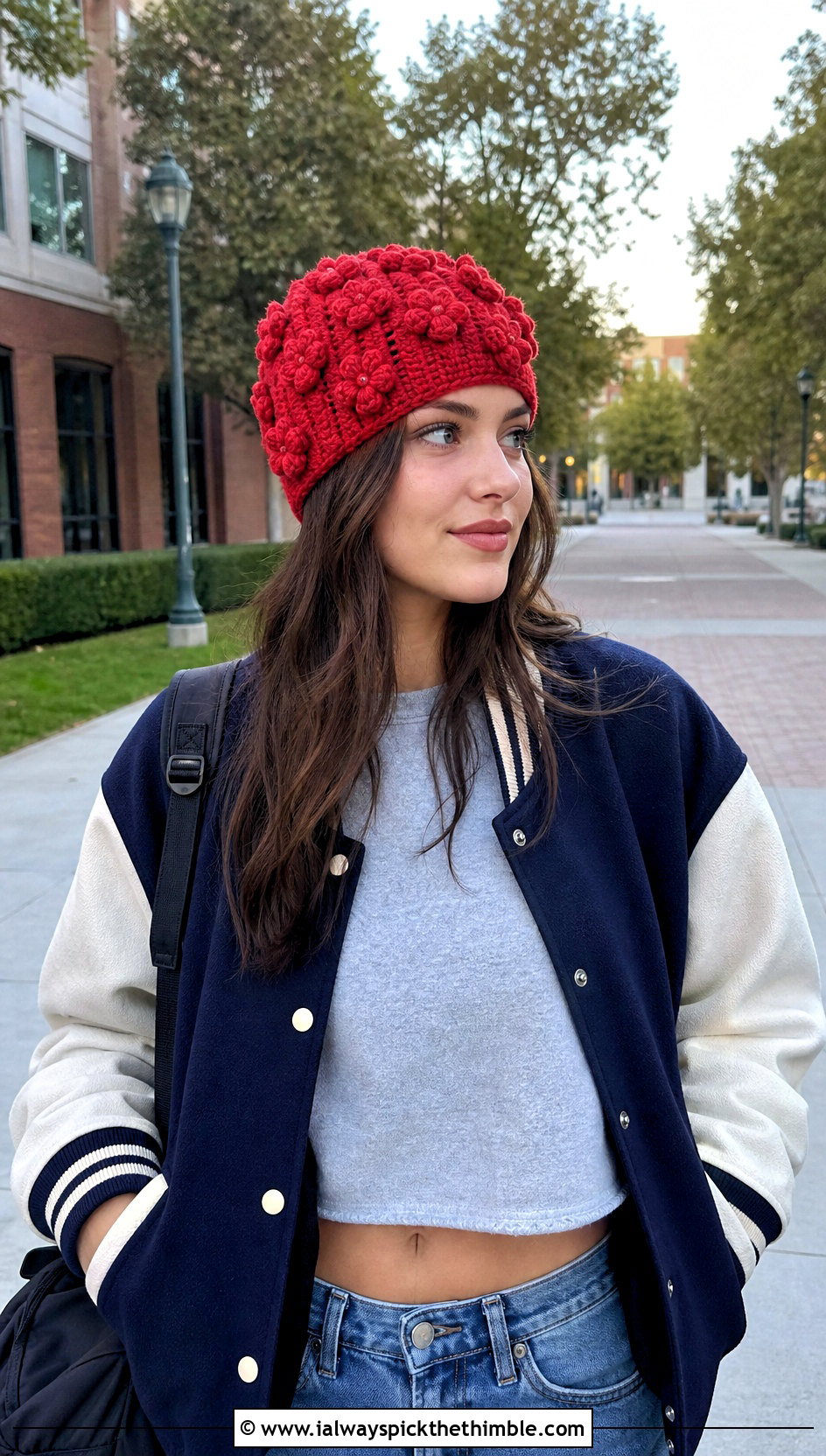 Puff Flower Crochet Beanie With Varsity Jacket - 20 crochet flower beanie outfit ideas