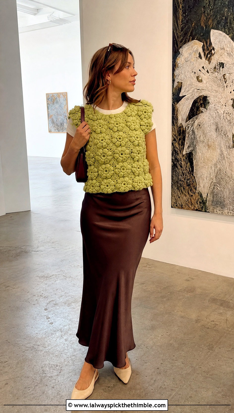 Puff Flower Crochet Boxy Top With Slip Skirt - 20 puff flower crochet top outfit ideas