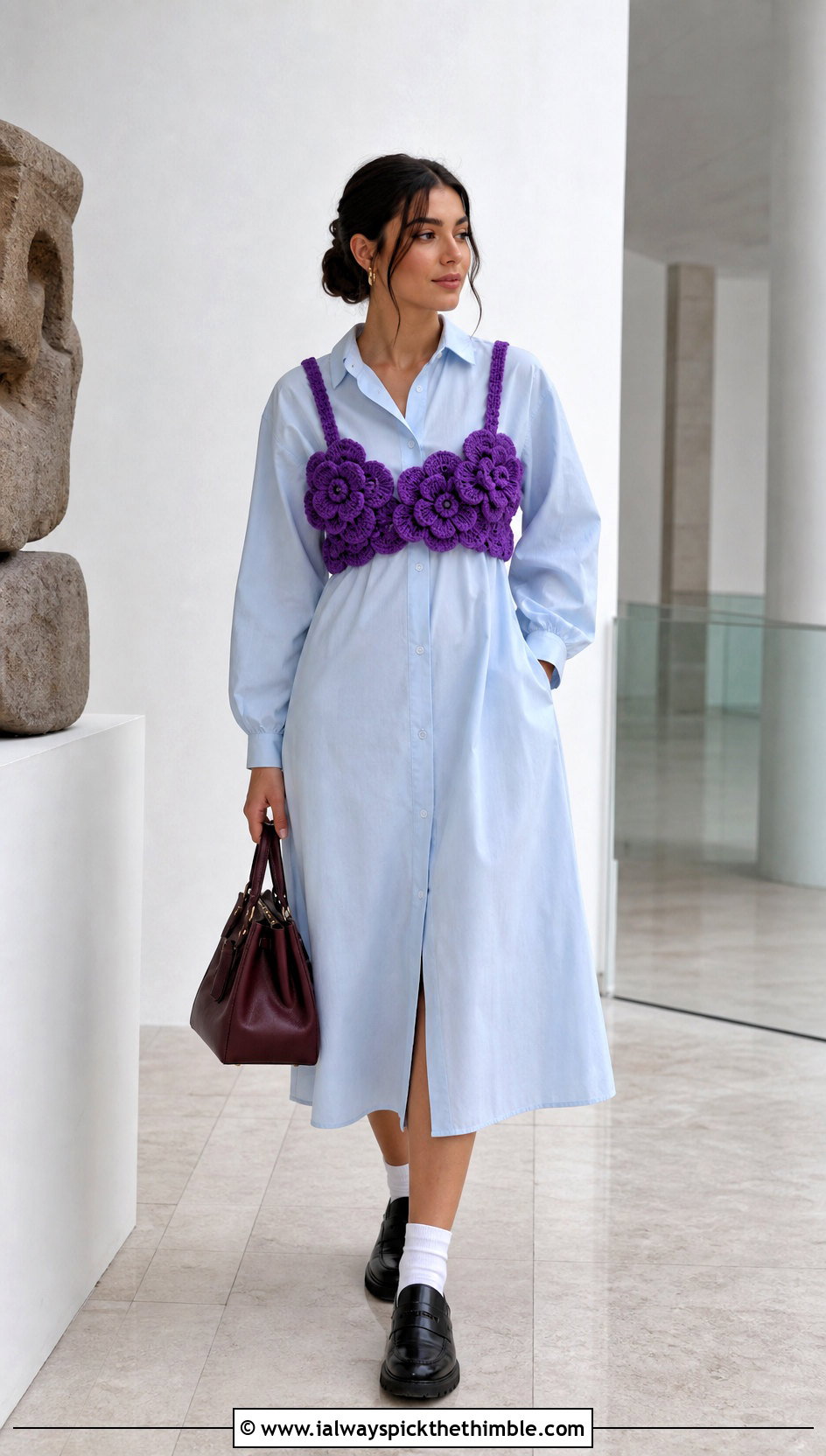 Puff Flower Crochet Bralette Top Over A Poplin Dress - 20 puff flower crochet top outfit ideas