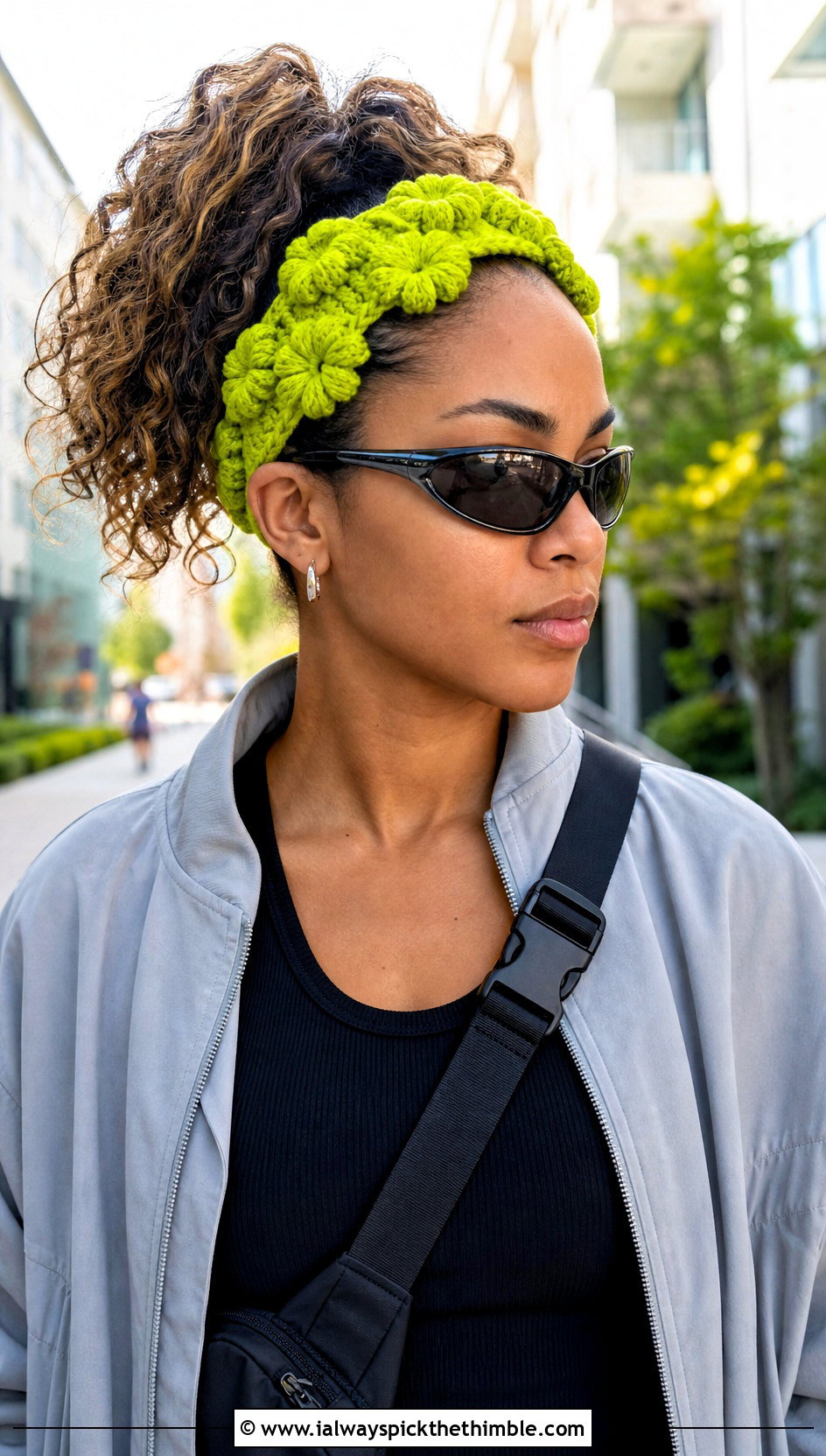 Puff Flower Crochet Headband With Elastic And Athleisure Outfit - 15 crochet flower headband with elastic outfit ideas