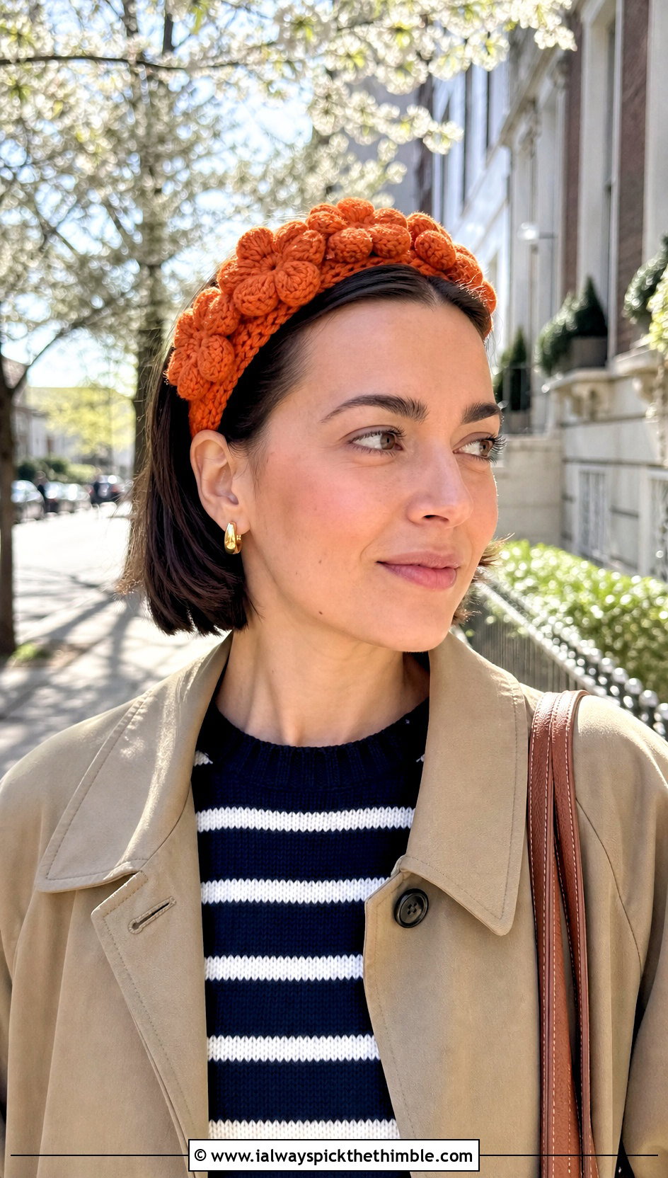 Puff Flower Crochet Headband With Trench Coat - 15 crochet lovely flower headband outfit ideas