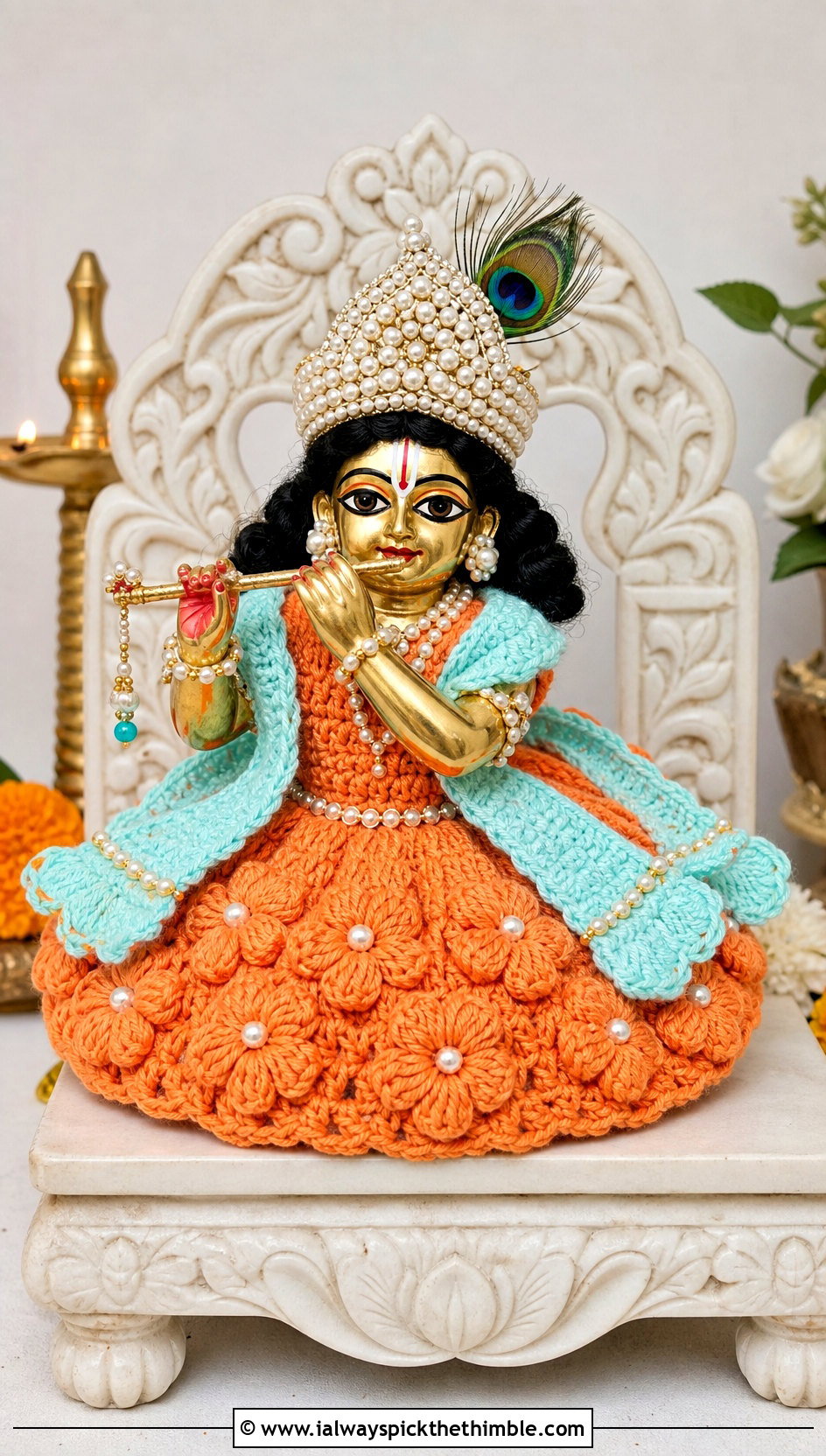 Puff Flower Crochet Krishna Dress With Pearl Crown - 25 crochet krishna dress outfit ideas