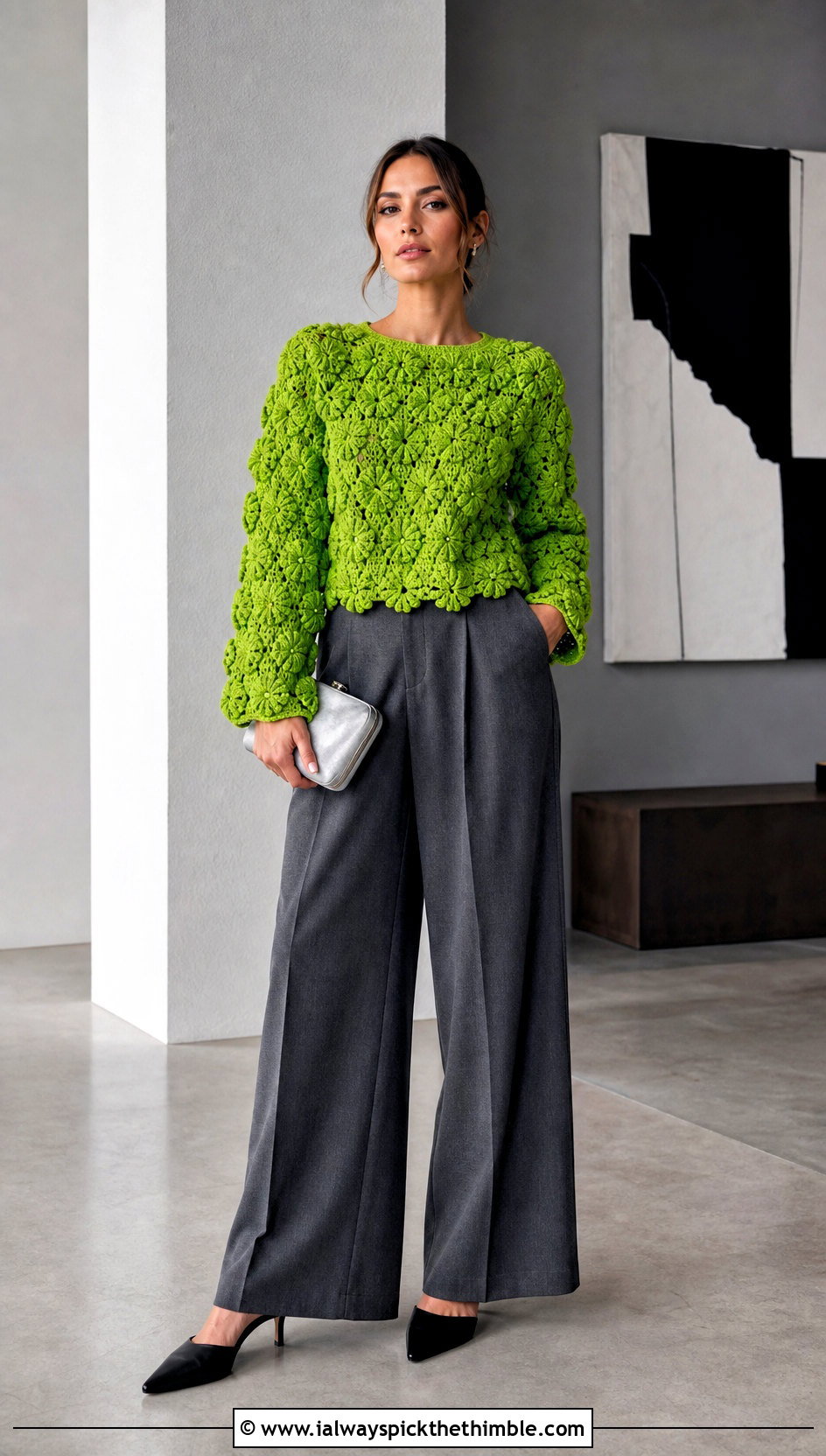 Puff Flower Crochet Long Sleeve Top With Wide Leg Pants - 20 Crochet Flower Top Long Sleeve outfit ideas
