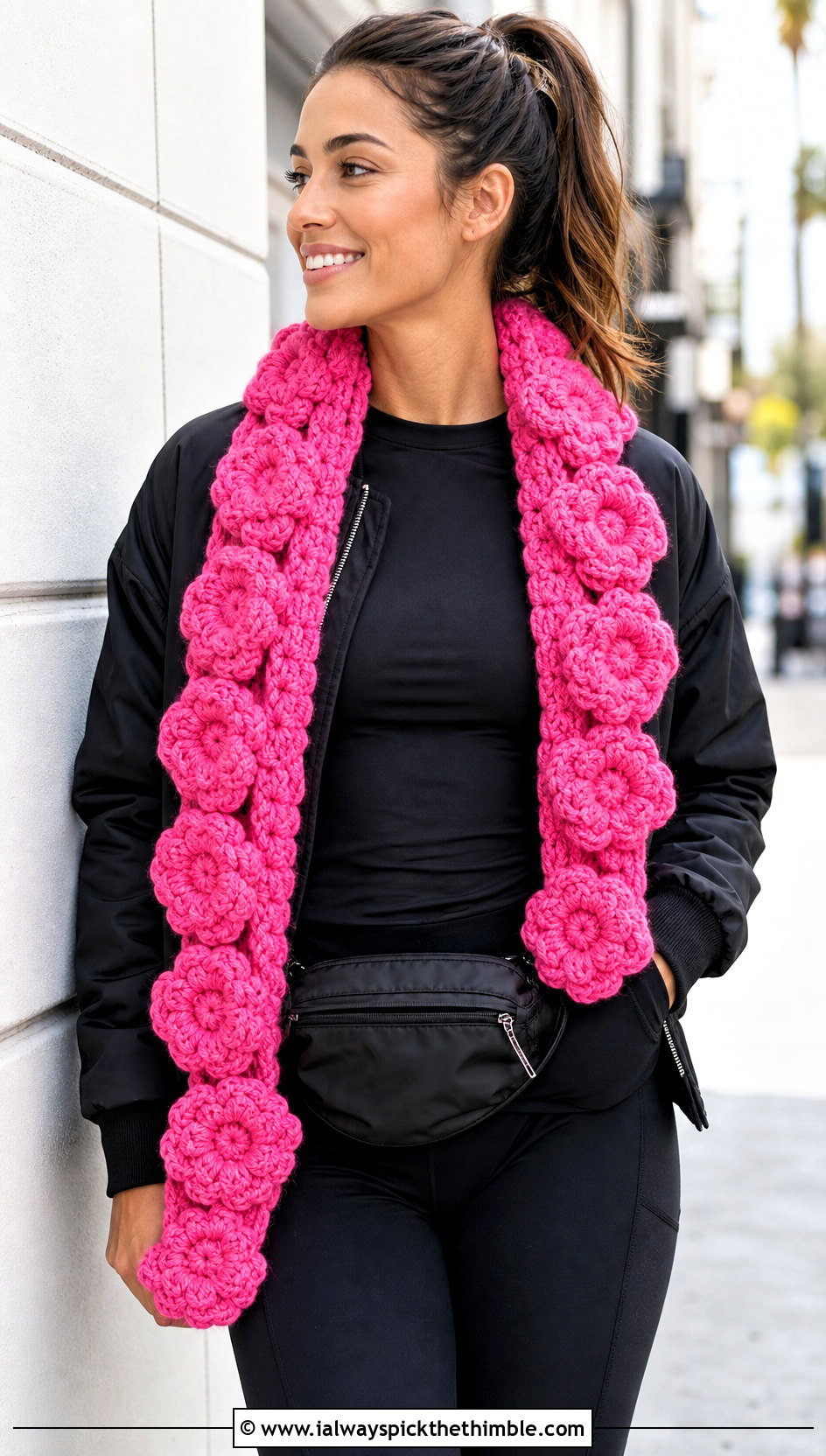 Puff Flower Crochet Scarf With Bomber Jacket And Leggings - 20 crochet scarf with flowers outfit ideas