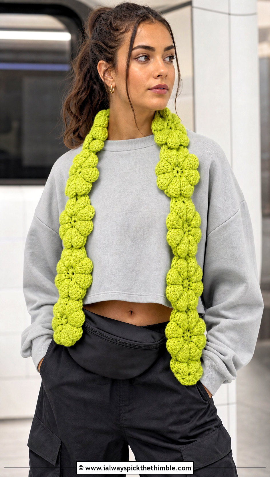 Puff Flower Crochet Scarf With Sweatshirt And Cargo Pants - 25 crochet flower scarf outfit ideas