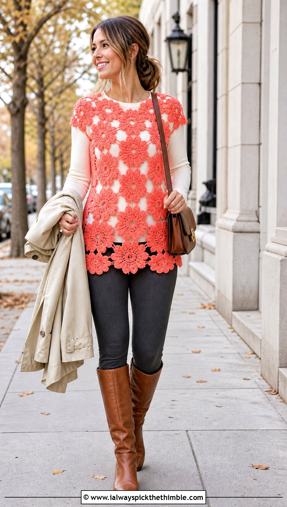 Puff Flower Crochet Tunic Top With Leggings And Boots - 20 puff flower crochet top outfit ideas