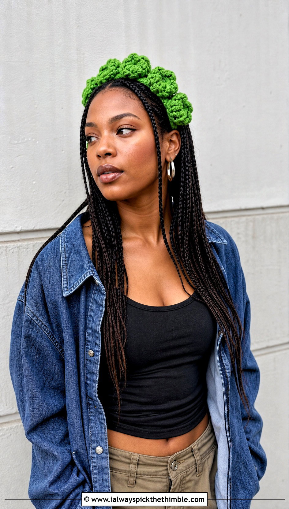 Puff Flower Crocheted Headband With Cargo Pants - 15 colorful crocheted headband with flower outfit ideas