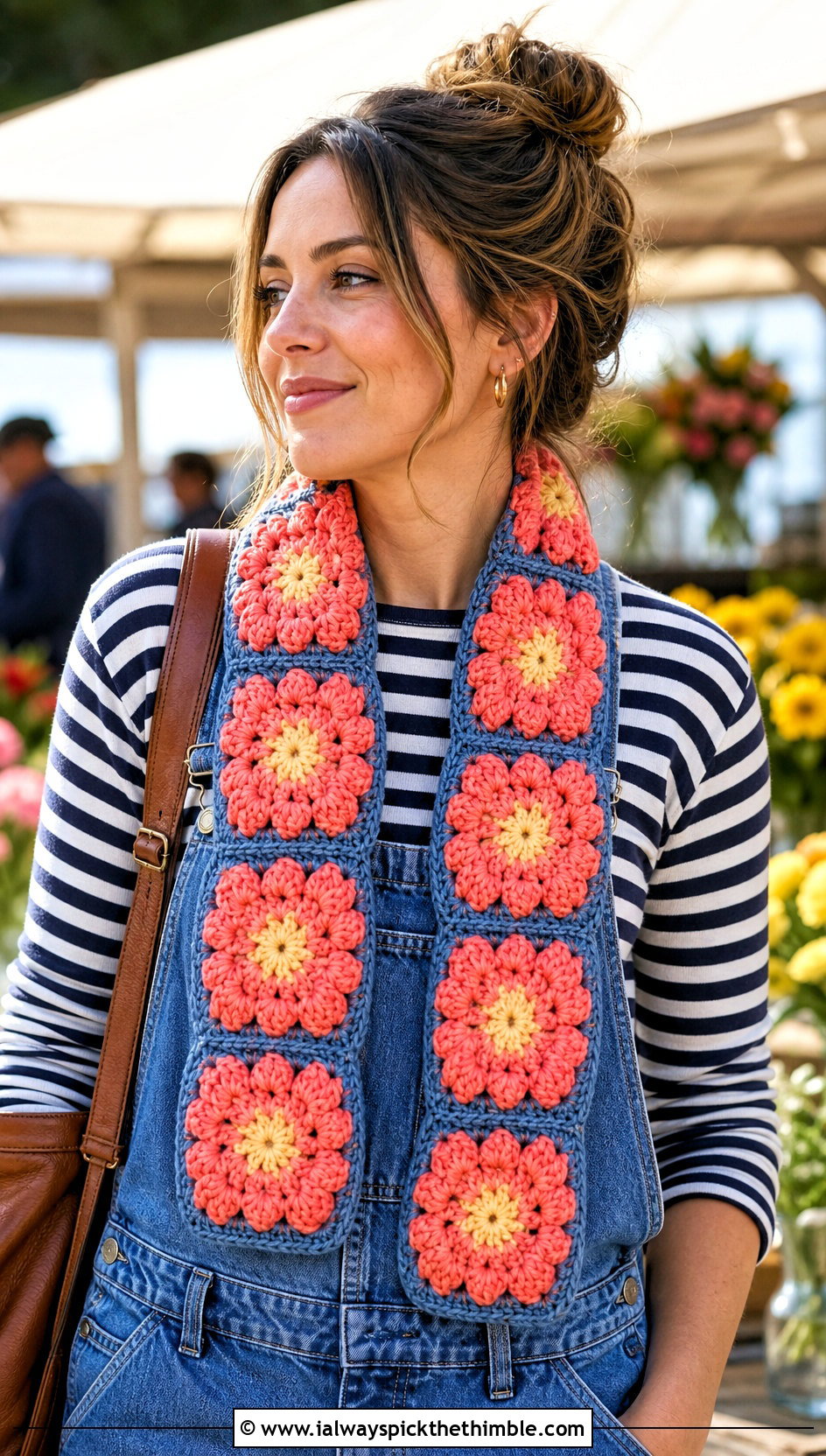 Puff Flower Granny Square Crochet Scarf With Overalls - 25 granny square crochet scarf outfit ideas