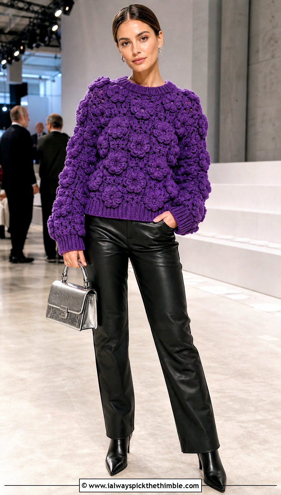 Puff Flower Sweater With Leather Pants - 15 floral crochet sweater style outfit ideas