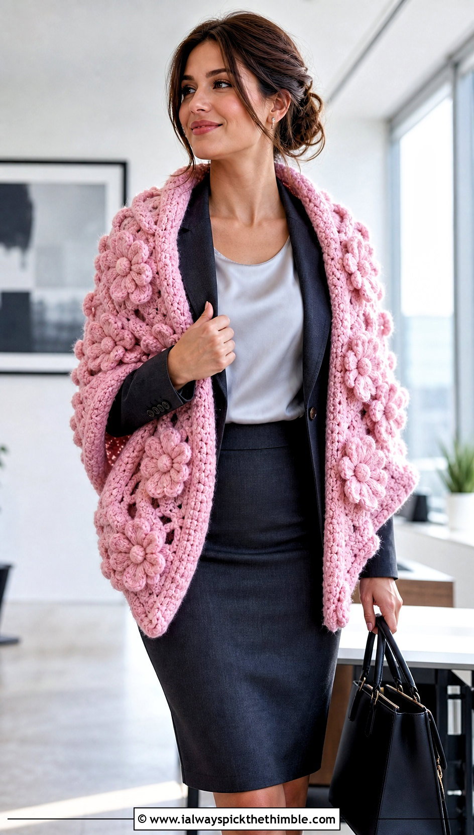 Puff Flower Wrap Shawl With Blazer And Pencil Skirt - 15 Crochet Flower Shawl outfit ideas