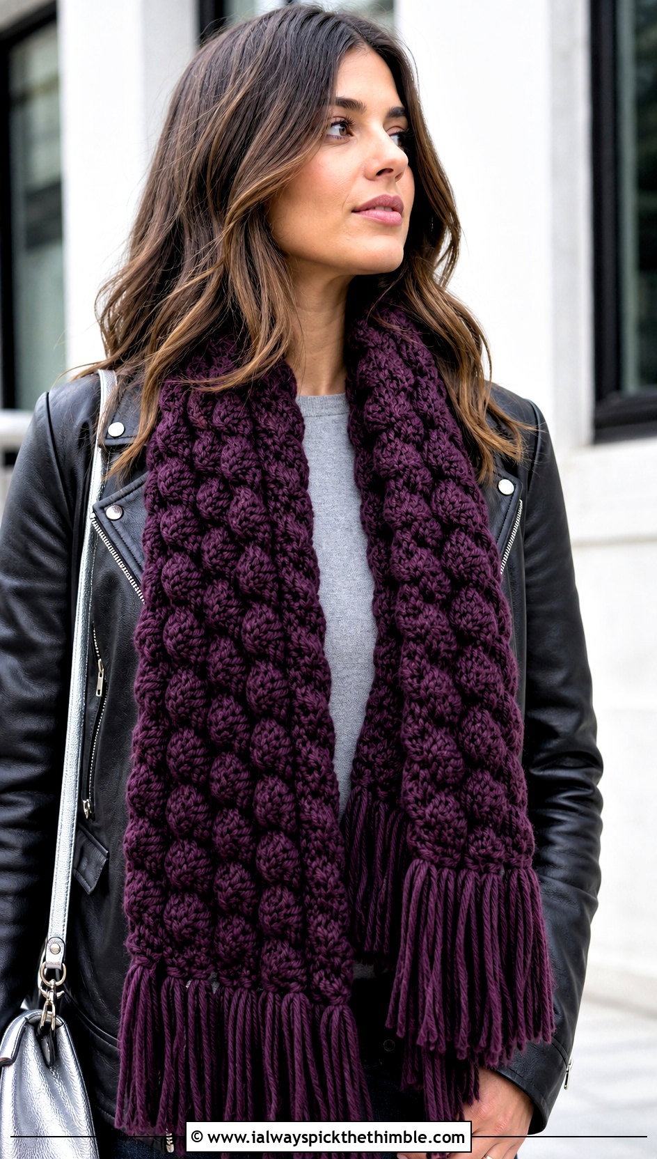 Puff Fringe Scarf With Leather Jacket - 15 Playful Puffs Crochet Scarf outfit ideas