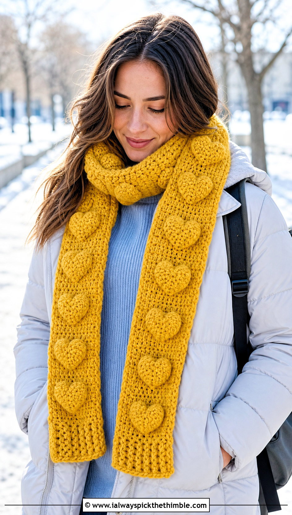 Puff Heart Scarf With Puffer Coat - 20 crochet heart scarf outfit ideas