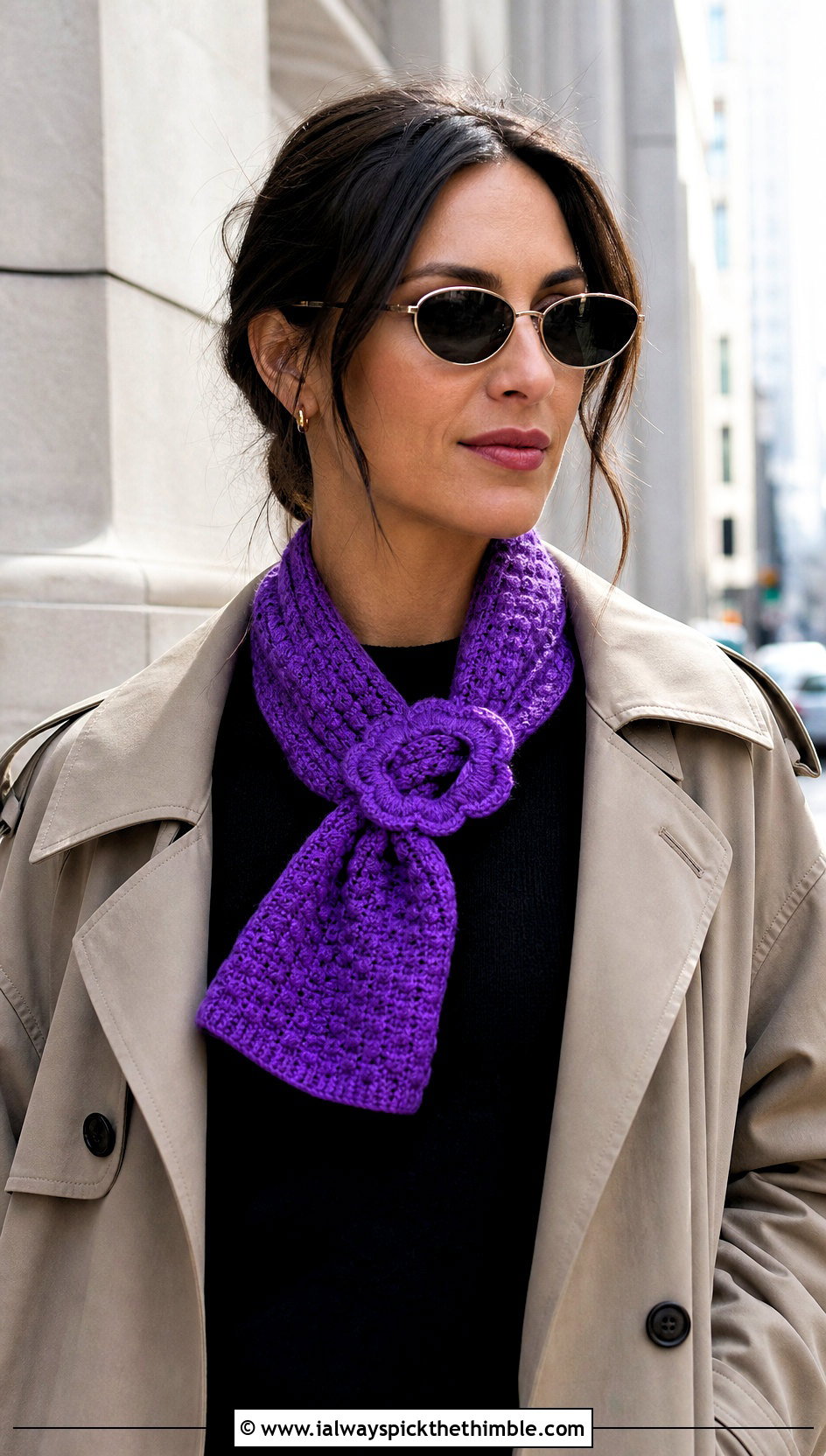 Puff Keyhole Scarf With Trench Coat - 15 Playful Puffs Crochet Scarf outfit ideas