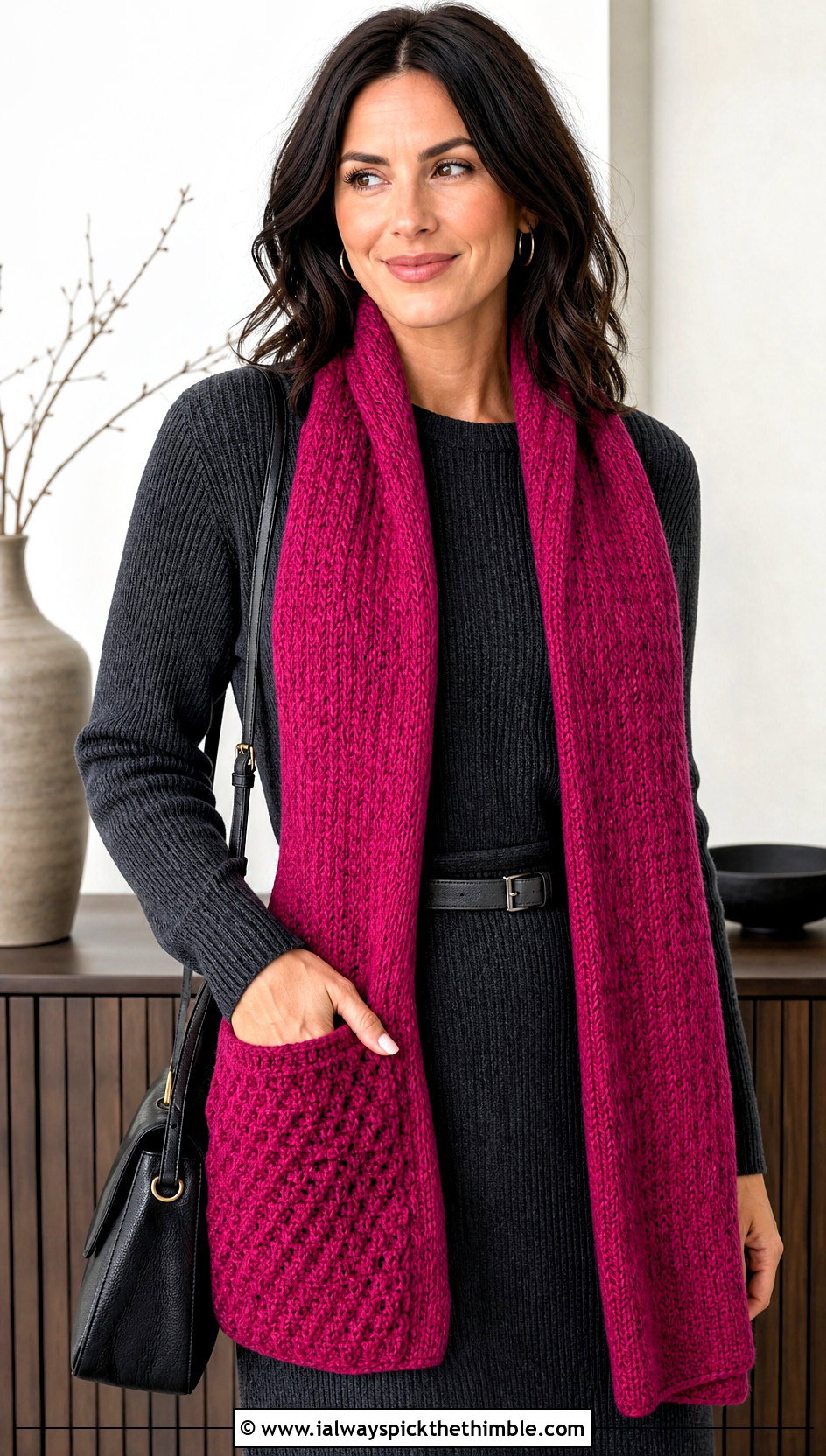 Puff Pocket Scarf With Sweater Dress - 15 Playful Puffs Crochet Scarf outfit ideas