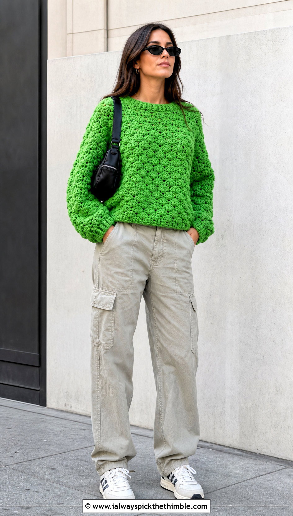 Puff Shell Stitch Crochet Sweater With Cargo Pants - 20 Shell Stitch Crochet Sweater outfit ideas