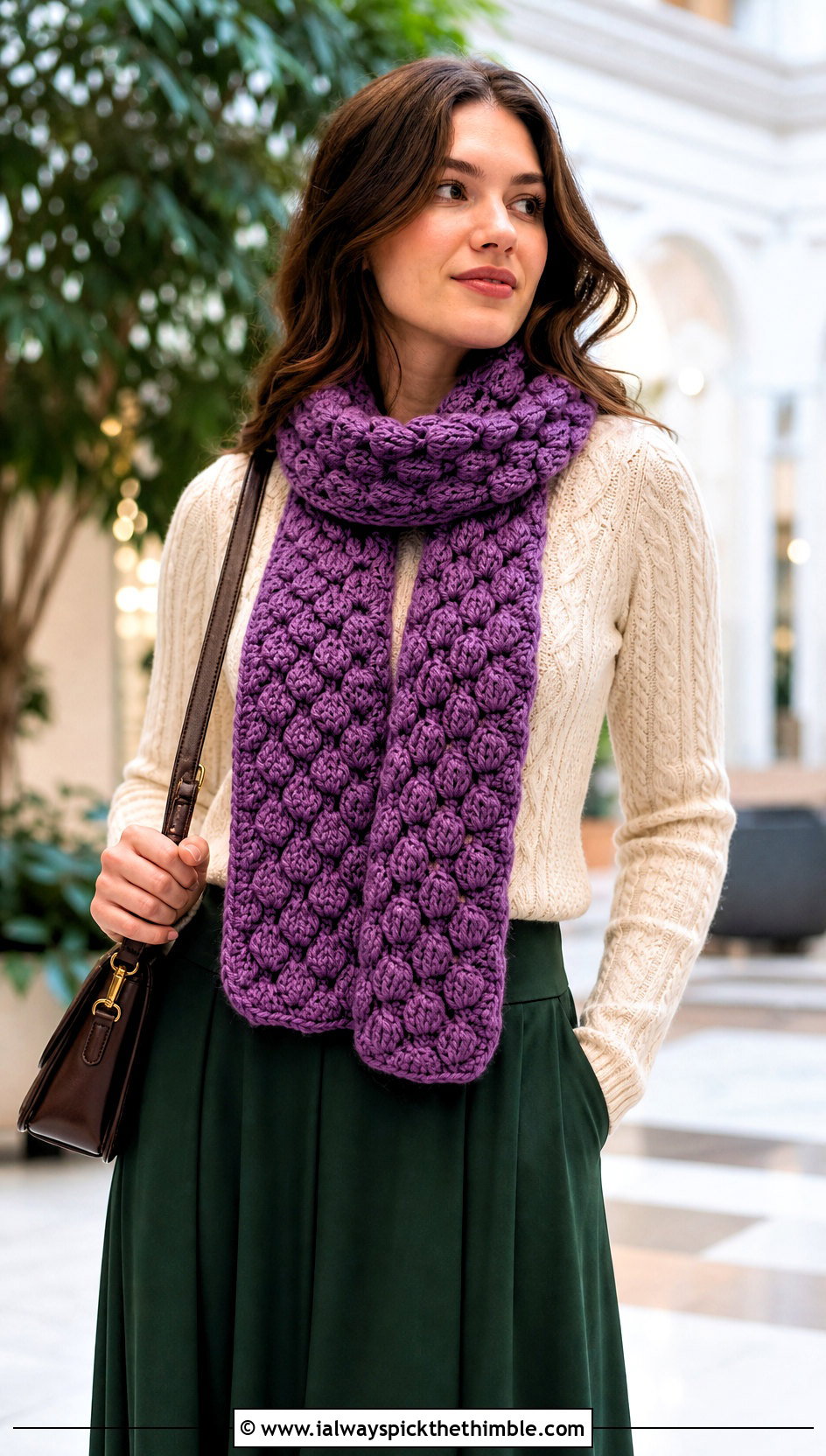 Puff Shell Stitch Scarf With Cable Sweater And Maxi Skirt - 20 Shell Crochet Scarf outfit ideas