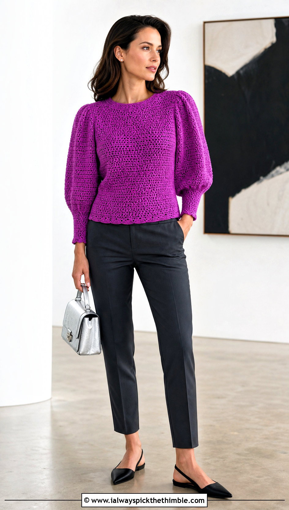 Puff Sleeve Bottom Up Crochet Sweater With Cigarette Pants - 20 bottom up crochet sweater outfit ideas