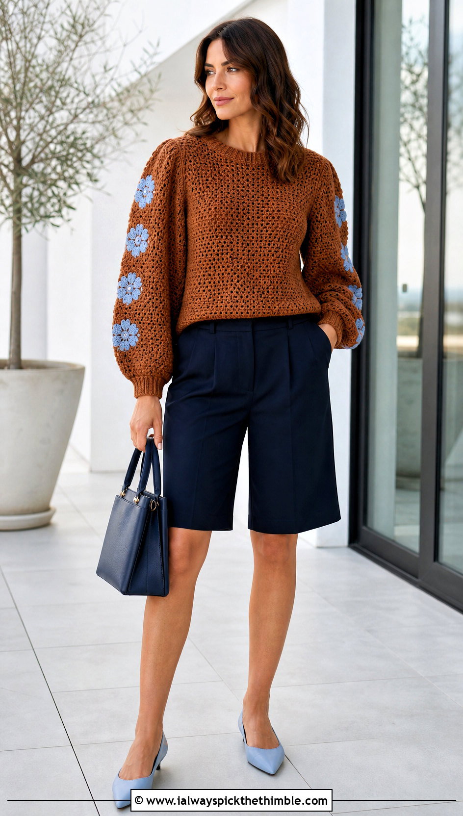 Puff Sleeve Brown Crochet Sweater With Tailored Shorts - 25 crochet brown sweater outfit ideas