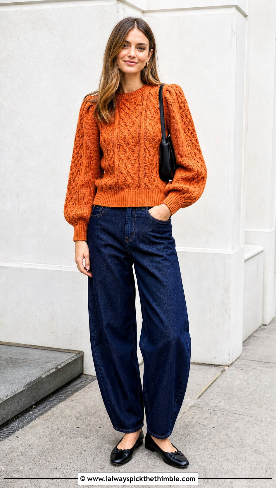 Puff Sleeve Cable Crochet Sweater With Barrel Jeans - 25 cable crochet sweater outfit ideas
