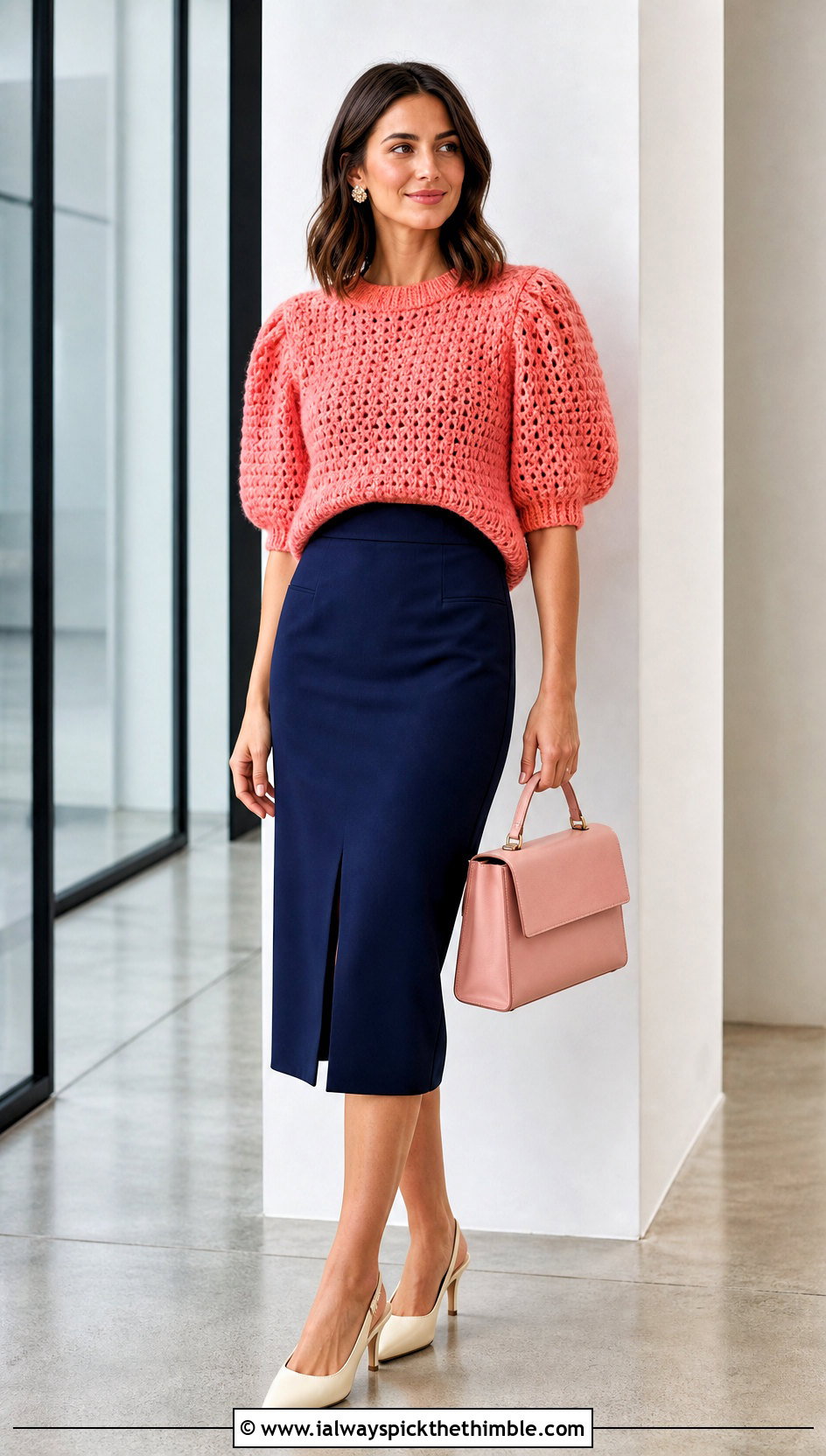 Puff Sleeve Chunky Crochet Sweater With Pencil Skirt - 20 Chunky Crochet Sweaters outfit ideas
